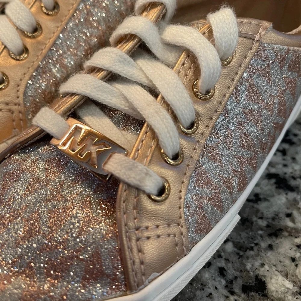Michael Kors Girls Rose Gold Glitter Monogram Sneakers Size 13 Little Kid